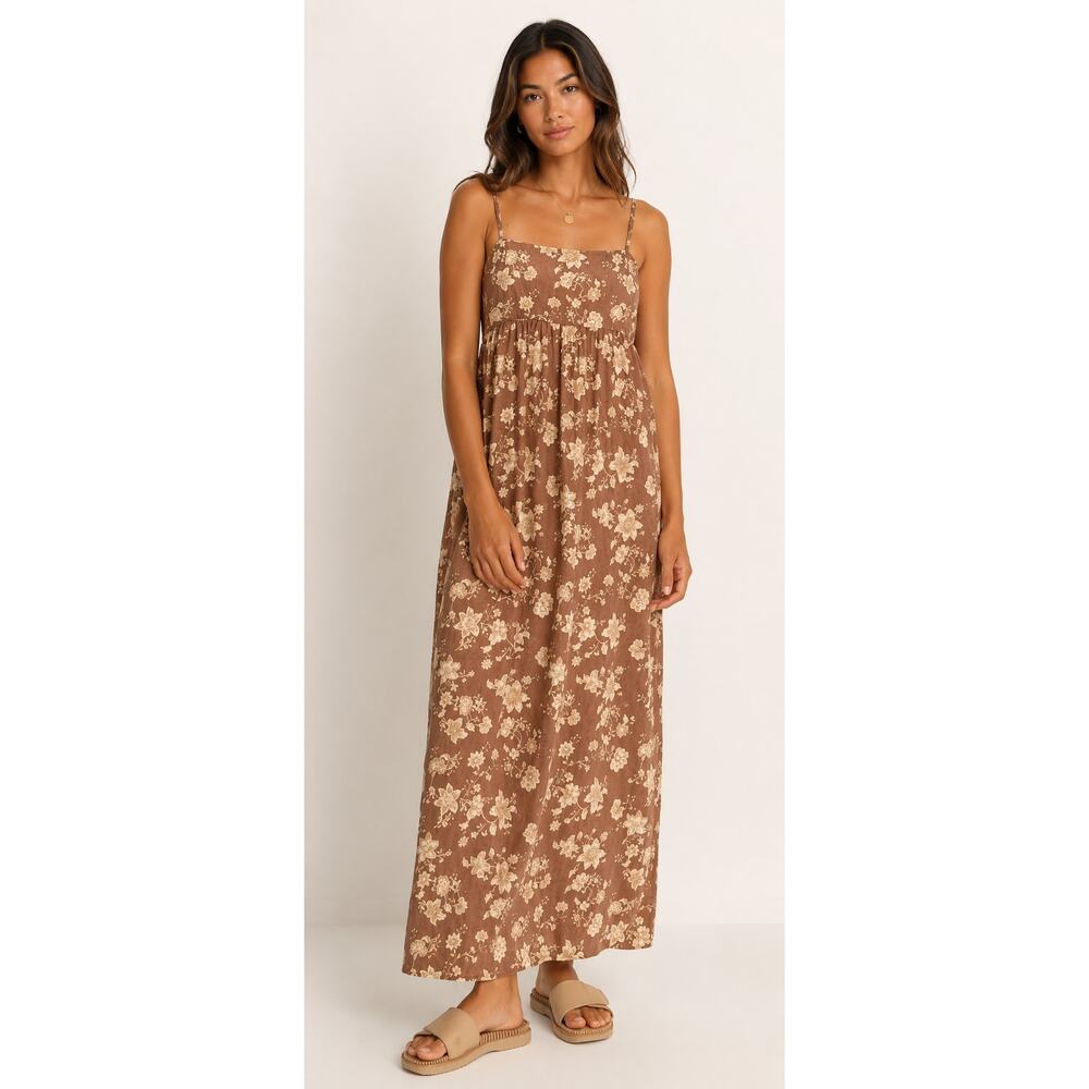 Rhythm Womens Nova Floral Paisley Linen Blend Maxi Dress Brown Size Medium New